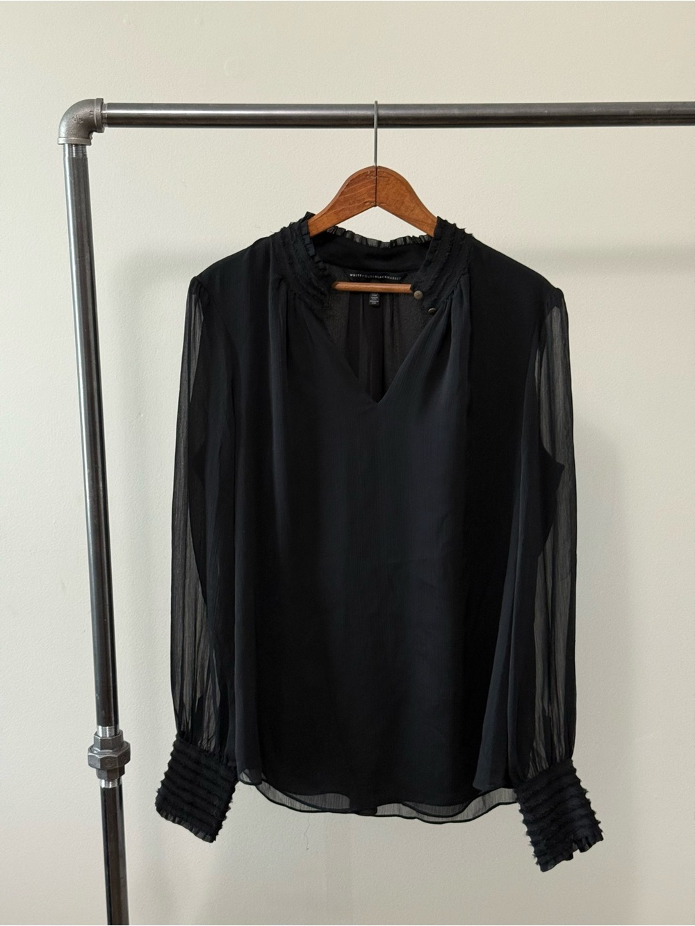 White House Black Market Black Ruffle-Trim Sheer Sleeve Blouse